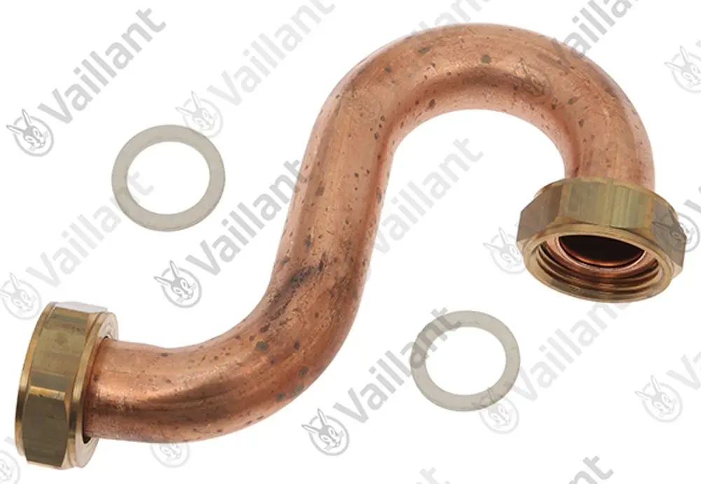 Kupferrohr mit zwei Gewindefittings und Dichtungen, hergestellt von Vaillant. Das Rohr hat eine gebogene Form und dient vermutlich zur Verbindung von Heizungs- oder Wasserleitungen.